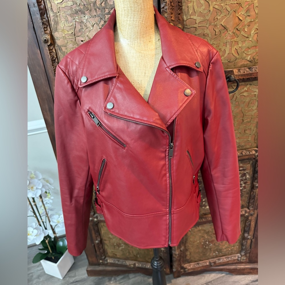 French Connection Red Leatherette Motorcycle Jacket L - Picture 1 of 8